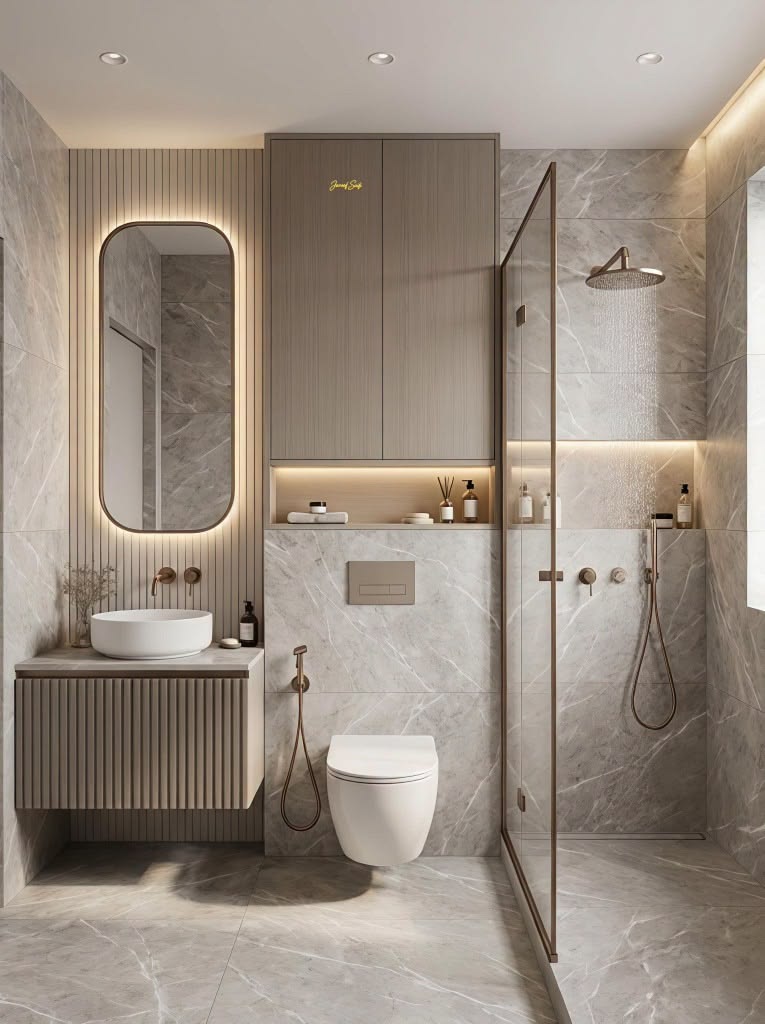 Bespoke Stone Vanity Washroom featuring Freestanding Soak Tub & Niches #30